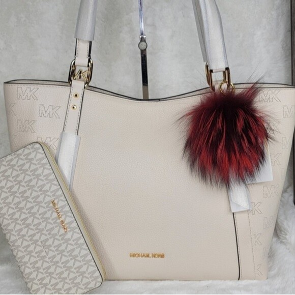 🎀 Michael Kors 3 SET Matching Shoulder Bag Tote Handbag Wallet Charm Pom NWT - Picture 1 of 14
